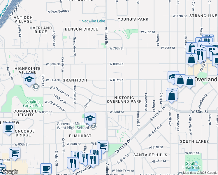 map of restaurants, bars, coffee shops, grocery stores, and more near 8101 Antioch Road in Overland Park