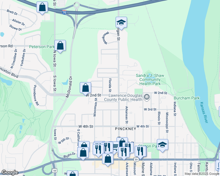 map of restaurants, bars, coffee shops, grocery stores, and more near 124 Minnesota Street in Lawrence