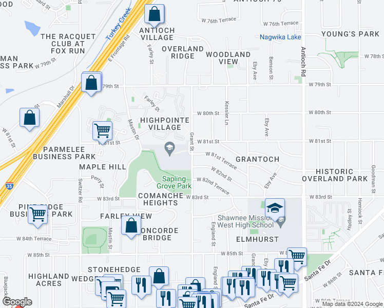 map of restaurants, bars, coffee shops, grocery stores, and more near 8198 Grant Street in Overland Park