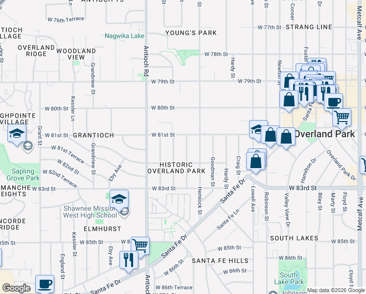 map of restaurants, bars, coffee shops, grocery stores, and more near 8100 Hadley Street in Overland Park