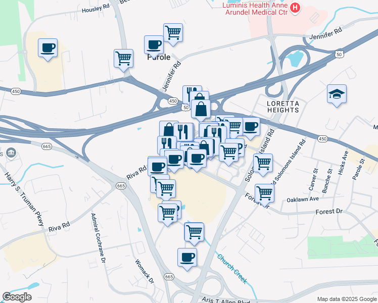 map of restaurants, bars, coffee shops, grocery stores, and more near 1901 Towne Centre Boulevard in Annapolis