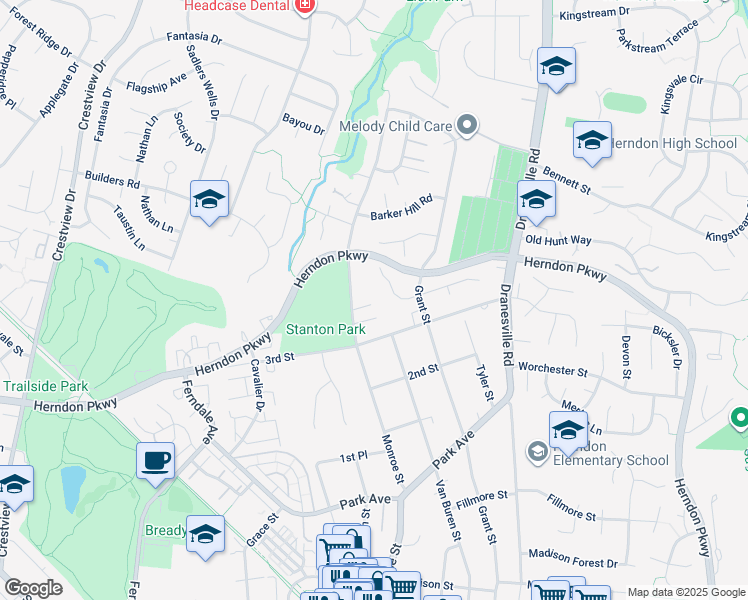map of restaurants, bars, coffee shops, grocery stores, and more near 1108C Monroe Street in Herndon