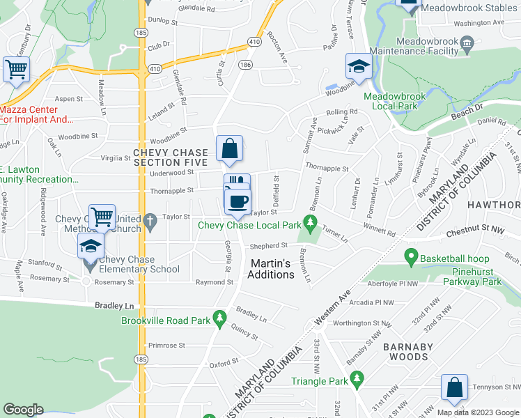 map of restaurants, bars, coffee shops, grocery stores, and more near 7201 Chestnut Street in Chevy Chase