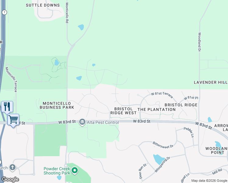 map of restaurants, bars, coffee shops, grocery stores, and more near 8102 Millridge Street in Lenexa
