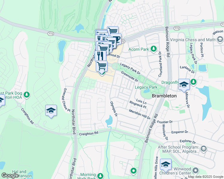 map of restaurants, bars, coffee shops, grocery stores, and more near 42407 Bowditch Square in Ashburn
