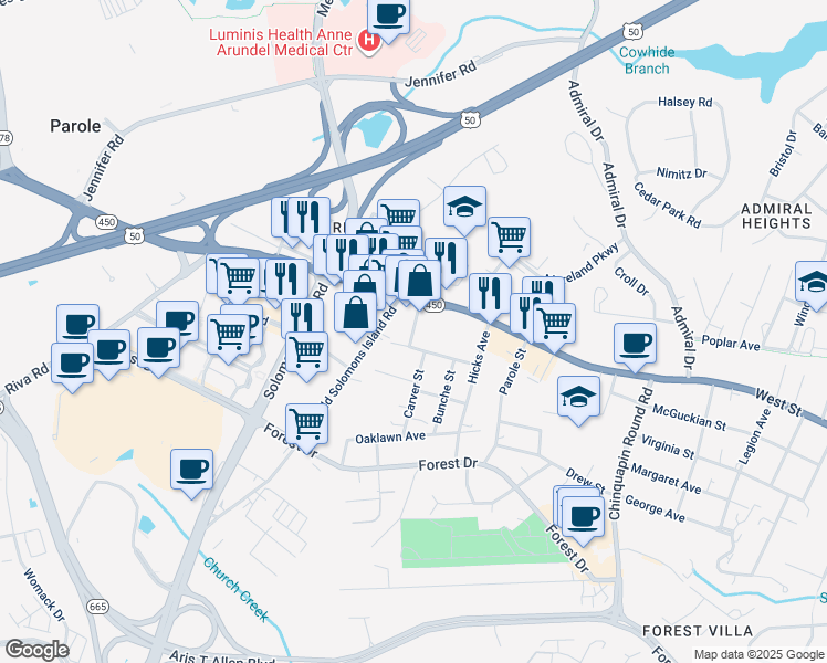 map of restaurants, bars, coffee shops, grocery stores, and more near Third Street in Annapolis