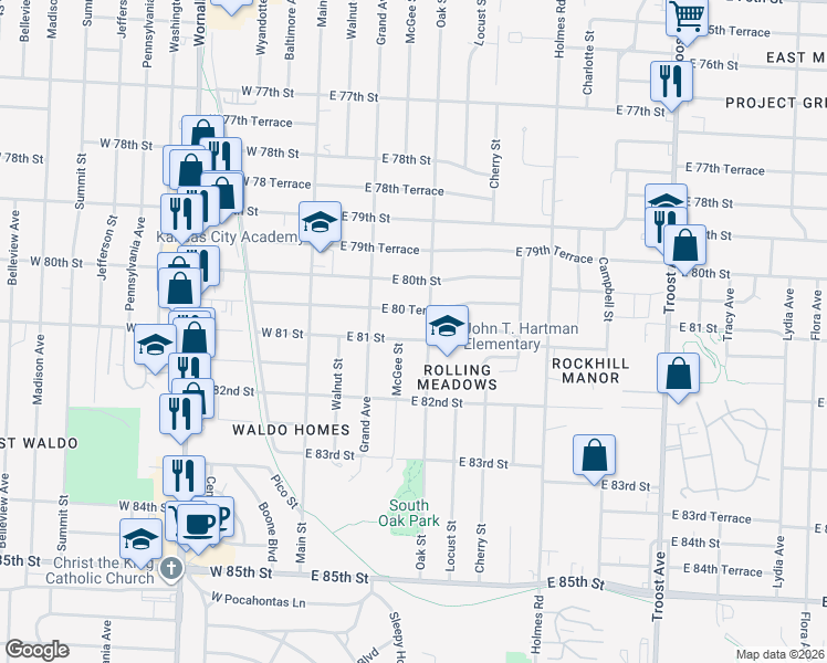 map of restaurants, bars, coffee shops, grocery stores, and more near 8024 Oak Street in Kansas City