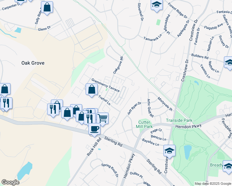 map of restaurants, bars, coffee shops, grocery stores, and more near 22936 Regent Terrace in Sterling