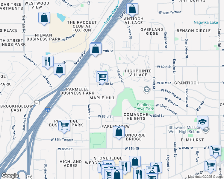 map of restaurants, bars, coffee shops, grocery stores, and more near 8100 Perry Street in Overland Park
