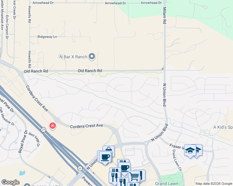 map of restaurants, bars, coffee shops, grocery stores, and more near 10310 Green Lake Court in Colorado Springs
