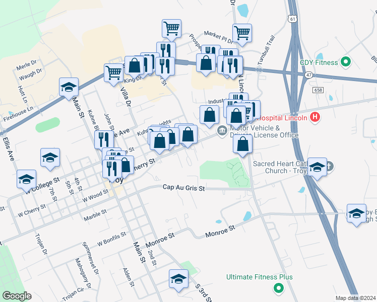 map of restaurants, bars, coffee shops, grocery stores, and more near 631 East Cherry Street in Troy