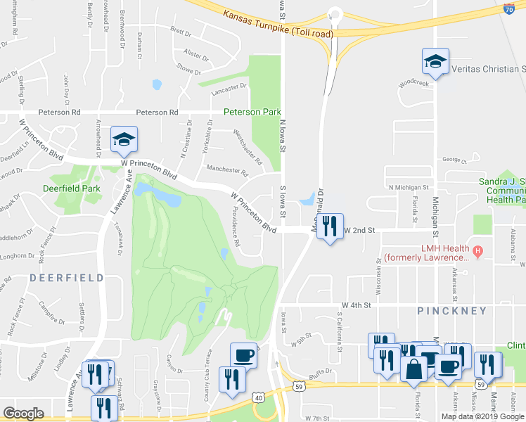 map of restaurants, bars, coffee shops, grocery stores, and more near 2314 Princeton Place in Lawrence