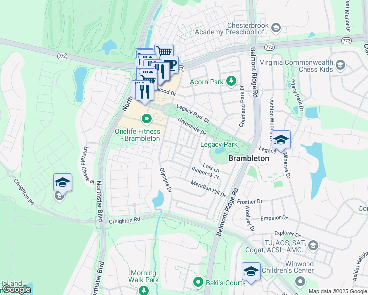 map of restaurants, bars, coffee shops, grocery stores, and more near 22978 Fox Fire Terrace in Ashburn