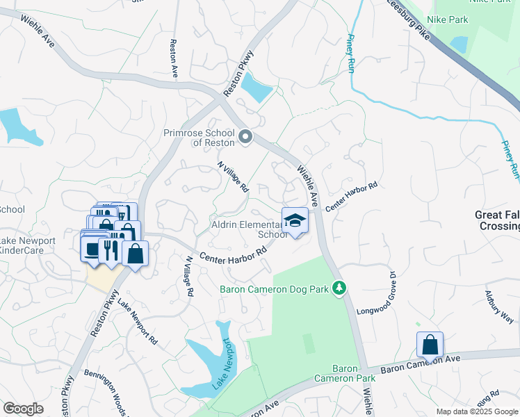 map of restaurants, bars, coffee shops, grocery stores, and more near 1361 Heritage Oak Way in Reston