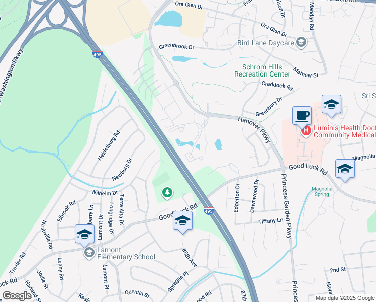map of restaurants, bars, coffee shops, grocery stores, and more near 6522 Lake Park Drive in Greenbelt