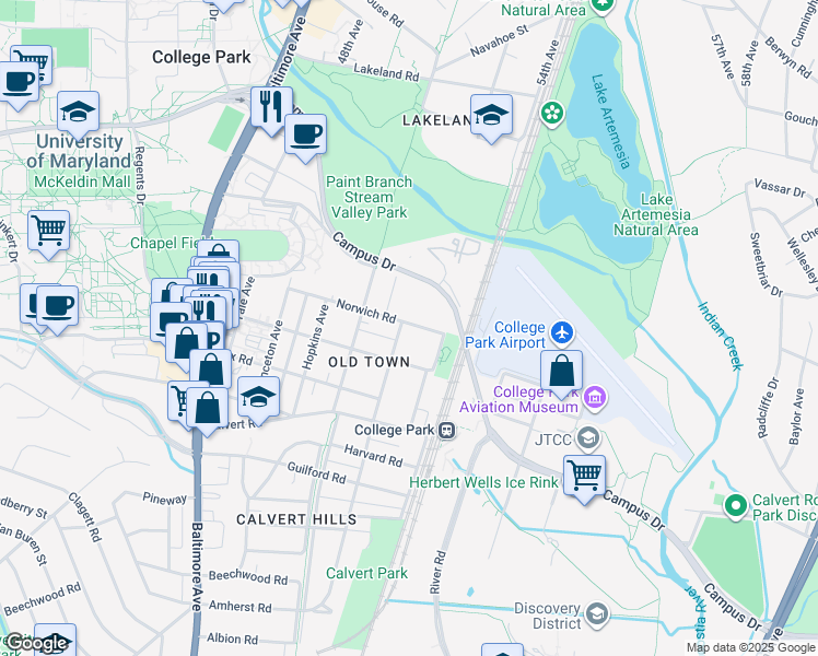 map of restaurants, bars, coffee shops, grocery stores, and more near 4803 Norwich Road in College Park