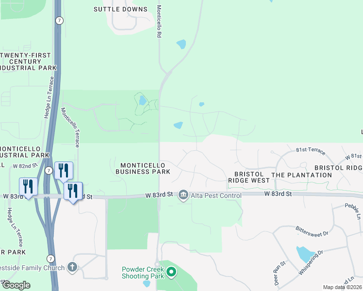 map of restaurants, bars, coffee shops, grocery stores, and more near 8045 Monticello Road in Shawnee