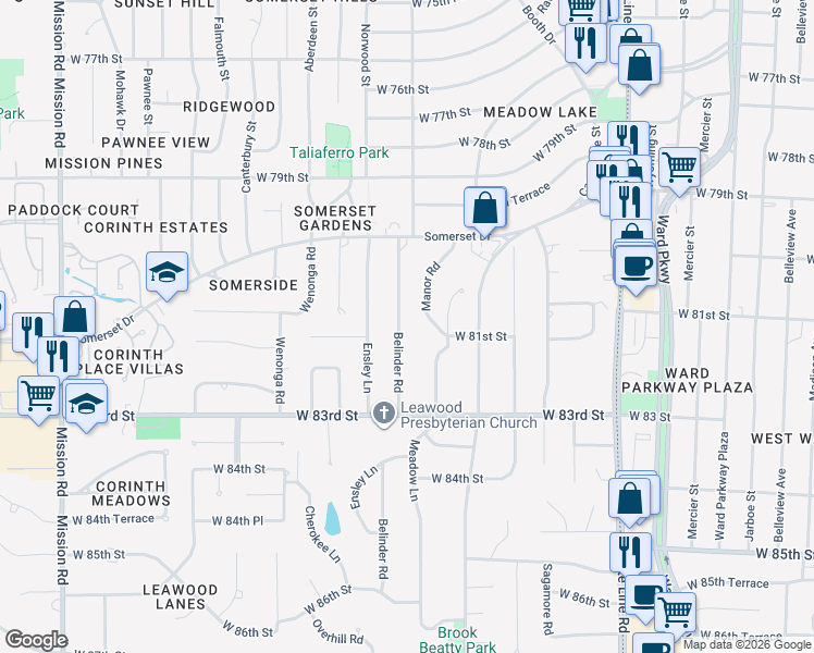 map of restaurants, bars, coffee shops, grocery stores, and more near 8025 Belinder Road in Leawood
