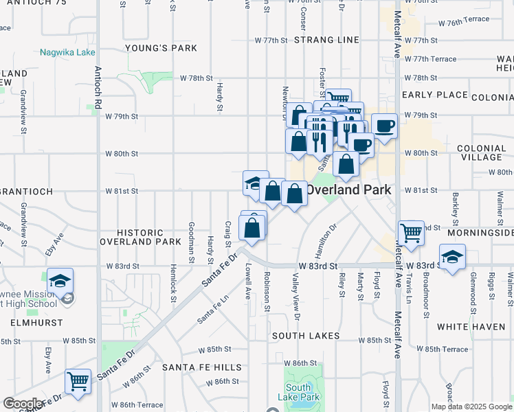 map of restaurants, bars, coffee shops, grocery stores, and more near 8150 Santa Fe Drive in Overland Park