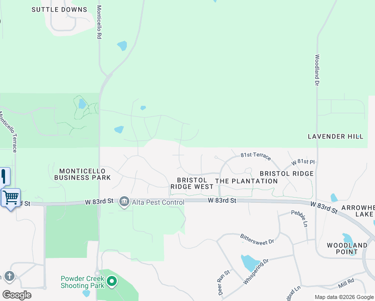 map of restaurants, bars, coffee shops, grocery stores, and more near 8105 Millridge Street in Lenexa