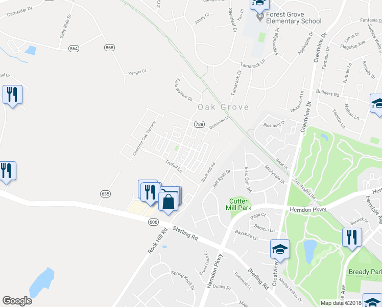 map of restaurants, bars, coffee shops, grocery stores, and more near 22936 Regent Terrace in Sterling