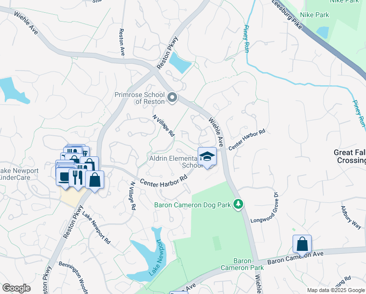 map of restaurants, bars, coffee shops, grocery stores, and more near 1361 Heritage Oak Way in Reston