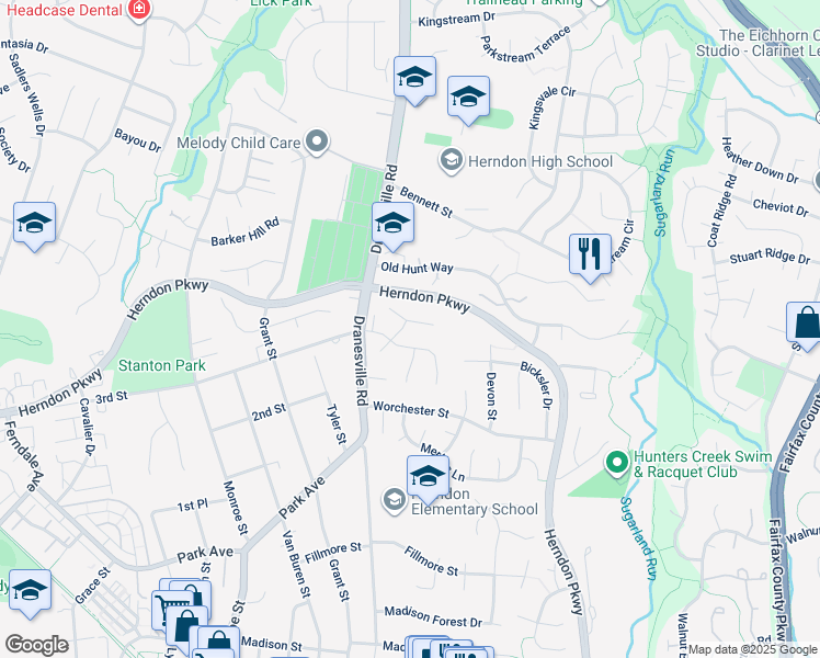 map of restaurants, bars, coffee shops, grocery stores, and more near 1110 Trapper Crest Court in Herndon
