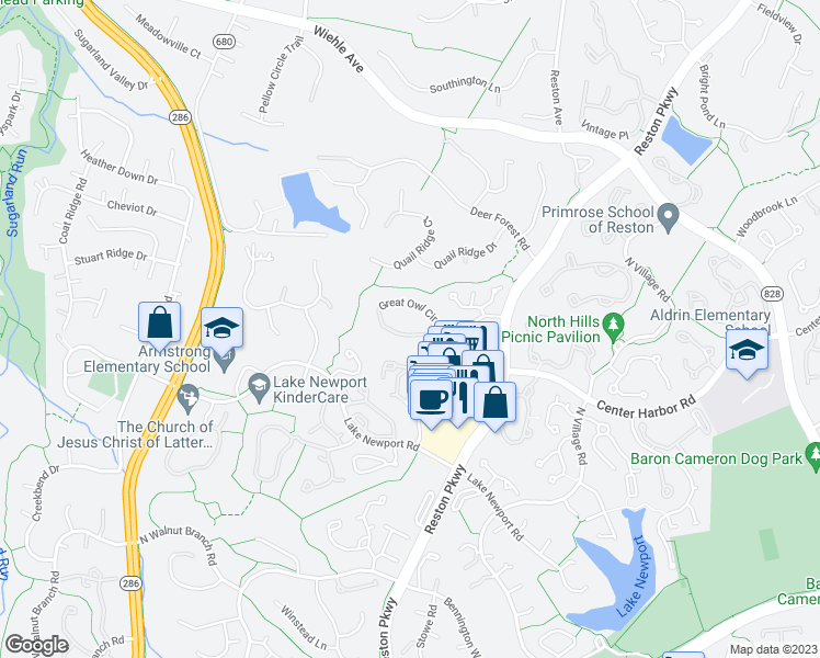 map of restaurants, bars, coffee shops, grocery stores, and more near 11803 Great Owl Circle in Reston