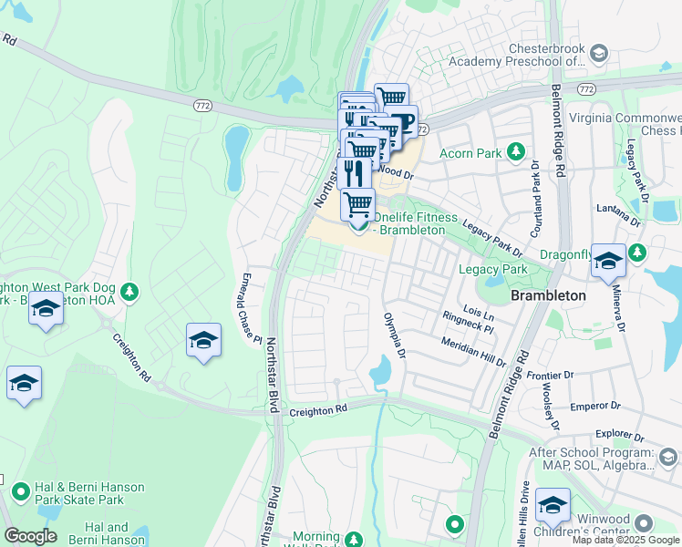 map of restaurants, bars, coffee shops, grocery stores, and more near 22977 Cabrillo Terrace in Brambleton
