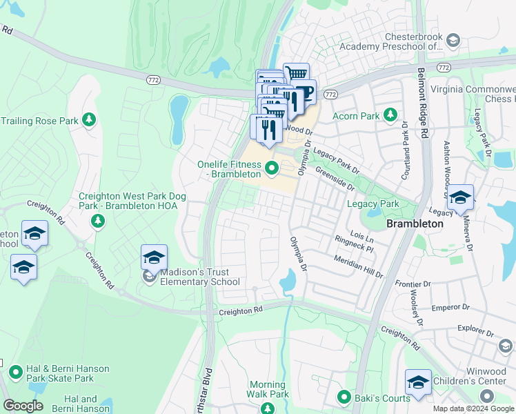 map of restaurants, bars, coffee shops, grocery stores, and more near 22977 Cabrillo Terrace in Brambleton