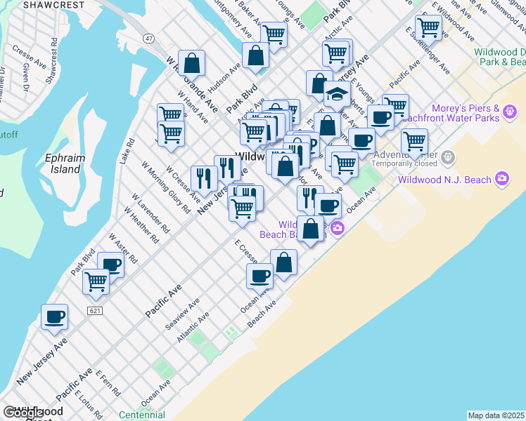 map of restaurants, bars, coffee shops, grocery stores, and more near 5101 Pacific Avenue in Wildwood