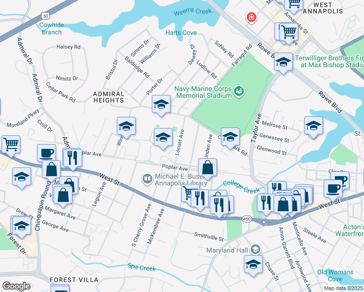 map of restaurants, bars, coffee shops, grocery stores, and more near 302 Locust Avenue in Annapolis