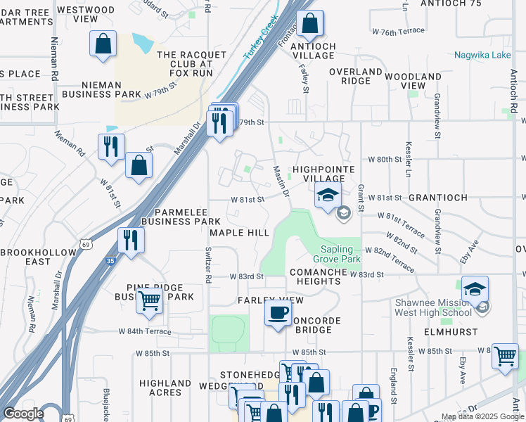 map of restaurants, bars, coffee shops, grocery stores, and more near 8109 Perry Street in Overland Park