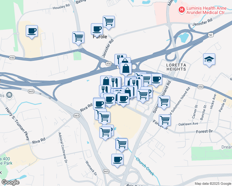 map of restaurants, bars, coffee shops, grocery stores, and more near 1901 Towne Centre Boulevard in Annapolis
