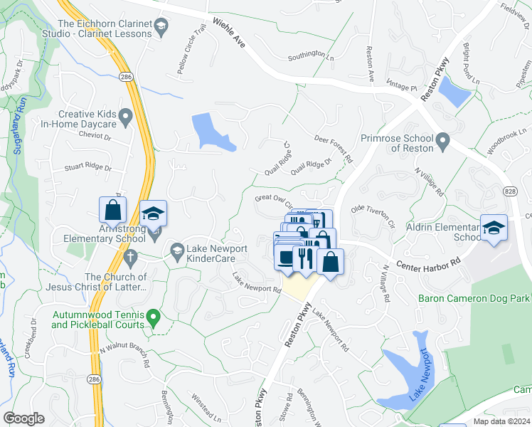 map of restaurants, bars, coffee shops, grocery stores, and more near 11793 Great Owl Circle in Reston