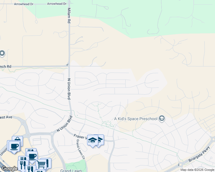 map of restaurants, bars, coffee shops, grocery stores, and more near 5415 Old Ranch Road in Colorado Springs