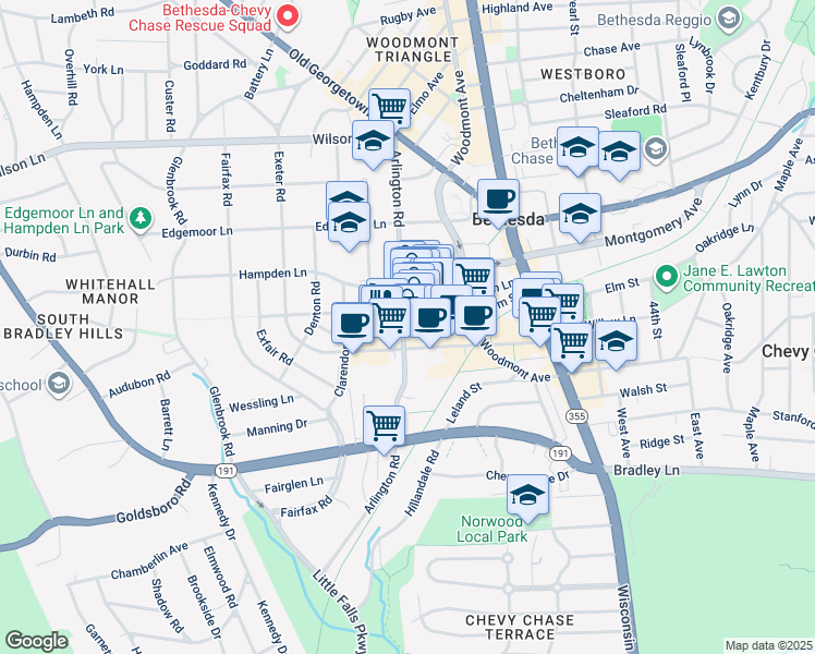 map of restaurants, bars, coffee shops, grocery stores, and more near 7131 Arlington Road in Bethesda