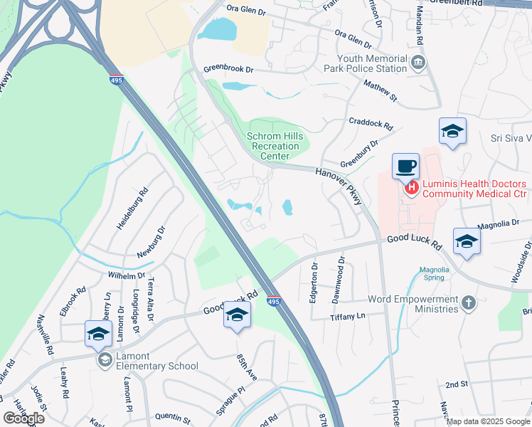 map of restaurants, bars, coffee shops, grocery stores, and more near 6712 Village Park Drive in Greenbelt