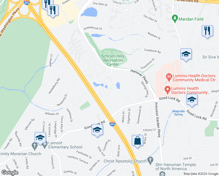 map of restaurants, bars, coffee shops, grocery stores, and more near 6712 Village Park Drive in Greenbelt