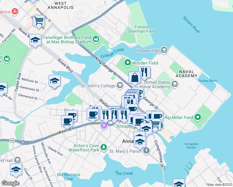 map of restaurants, bars, coffee shops, grocery stores, and more near 60 College Avenue in Annapolis