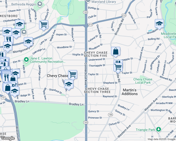 map of restaurants, bars, coffee shops, grocery stores, and more near 7105 Connecticut Avenue in Chevy Chase