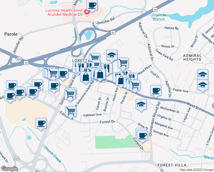 map of restaurants, bars, coffee shops, grocery stores, and more near 1989 Reidsville Street in Annapolis