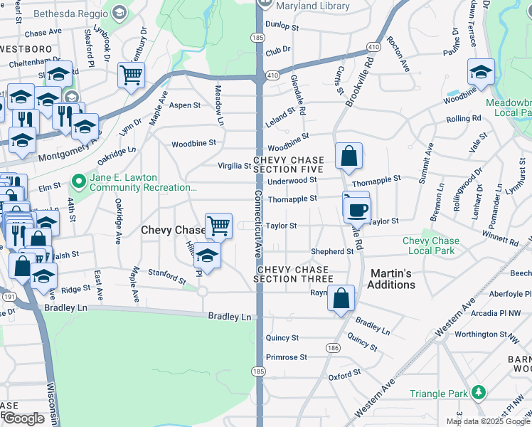 map of restaurants, bars, coffee shops, grocery stores, and more near 7105 Connecticut Avenue in Chevy Chase