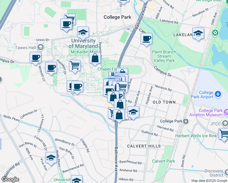 map of restaurants, bars, coffee shops, grocery stores, and more near 7418 Baltimore Avenue in College Park