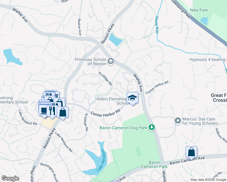 map of restaurants, bars, coffee shops, grocery stores, and more near 1351 Heritage Oak Way in Reston