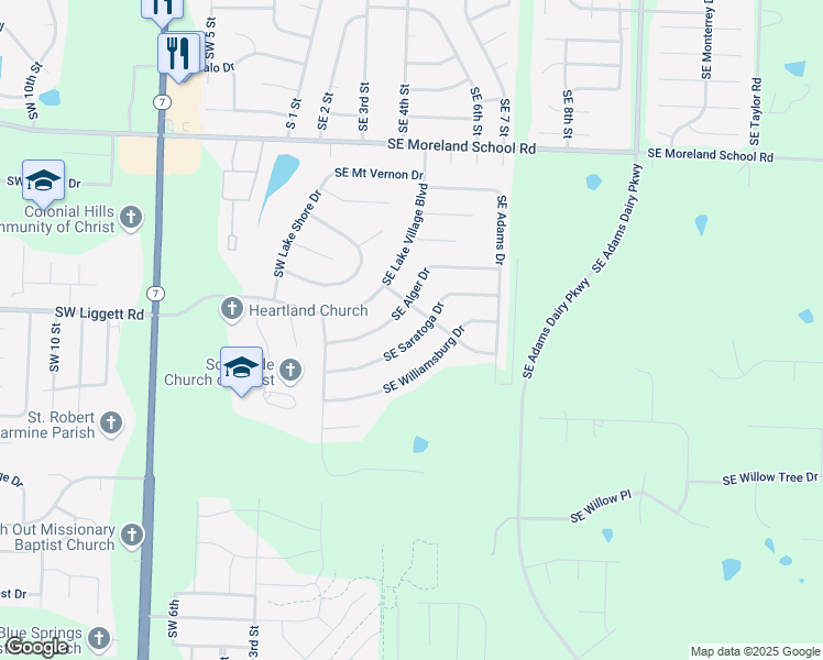map of restaurants, bars, coffee shops, grocery stores, and more near 3710 Southeast Valley Forge Drive in Blue Springs