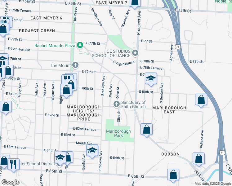 map of restaurants, bars, coffee shops, grocery stores, and more near 8008 Olive Street in Kansas City
