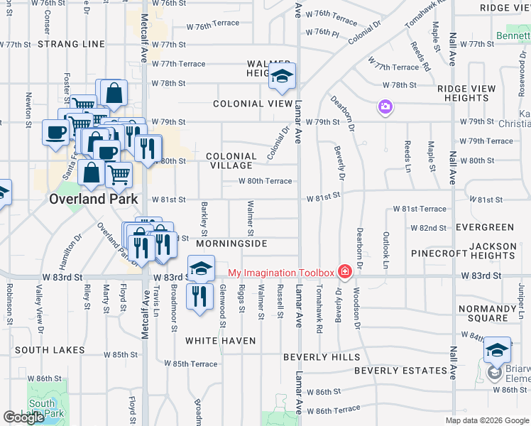 map of restaurants, bars, coffee shops, grocery stores, and more near 6419 West 81st Street in Overland Park