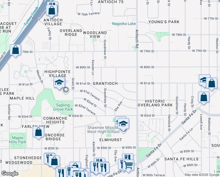 map of restaurants, bars, coffee shops, grocery stores, and more near 9015 West 81st Street in Overland Park