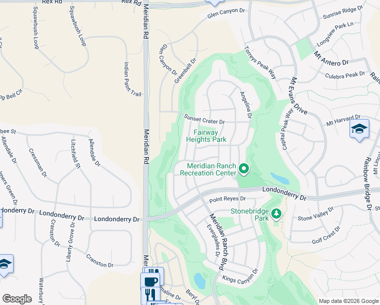 map of restaurants, bars, coffee shops, grocery stores, and more near 10453 Cedar Breaks Drive in Peyton